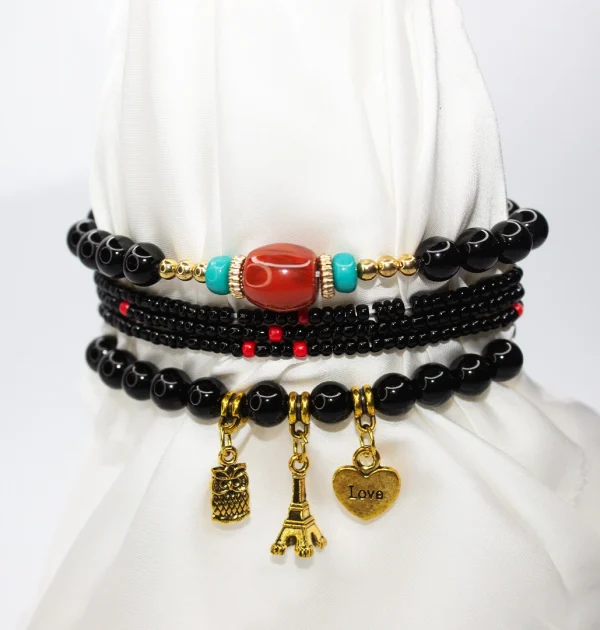 Boho Owl Pendant Bracelet Set ( Black )