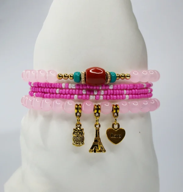 Boho Owl Pendant Bracelet Set ( Pink )
