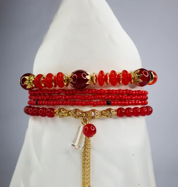 Boho Owl Pendant Bracelet Set ( Red )