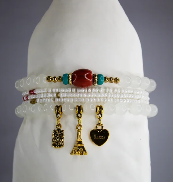 Boho Owl Pendant Bracelet Set ( White )